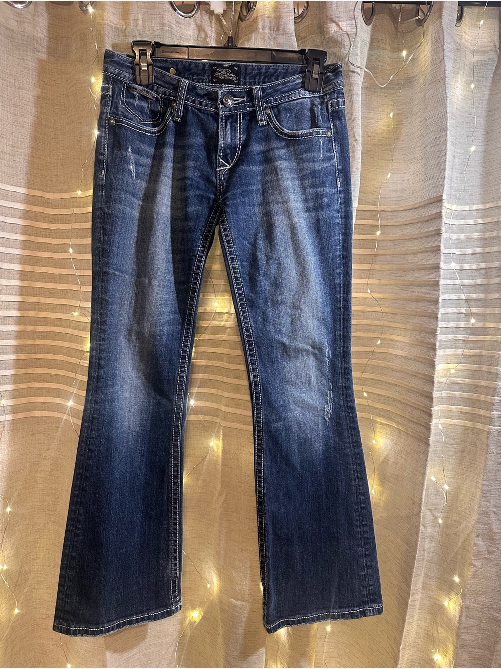 Express Dark Blue Flared Jeans with Faded Detailing size 2 Short